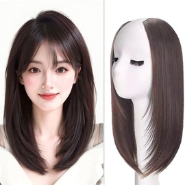 MASAHA Hair Extensions Neckline Wig, Hair Extension, Semi-Long, Straight Inner Winding, Layered, Medium Partial Wig Hairpiece (Dark Brown)