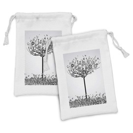Ambesonne Tree of Life Fabric Pouch Set of 2, Abstract Image Circle Leaves and Round Plants Spiral Dot Illustration Design, Small Drawstring Bag for Toiletries Masks and Favors, 9" x 6", Black White