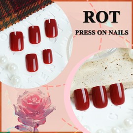 24 Stück Press on Nails Rot - Reine Farbe Kunstnägel Kurz - Full Cover Square Falsche Nägel - Glänzend Acryl Kunstnägel Zum Aufkleben für Frauen & Mädchen Nail Art Maniküre