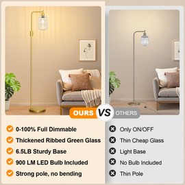 【Upgraded】 Dimmable Glass Floor Lamp for Living Room, Modern Gold Standing Lamp with Clear Ribbed Glass Lampshade & Knob Dimmer, Arc Tall Lamp for Bedroom Office Reading Room, 2700K Led Bulb Included