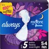 Always Radiant FlexFoam Pads for Women - Size 5, Extra Heavy Overnight Absorbency, 100% Leak & Odor-Free Protection, with Wings, Scented - 54 Count
