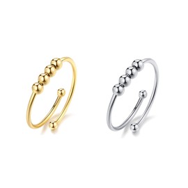 Adjustable Anxiety Ring with Pearls, Pack of 2 Alloy Fidget Rings for Anxiety, Beads Freely Rotatable, Single Coil Spiral Anxiety Ring, for Men and Women, Everyday Wear (Gold, Silver), Metal