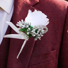 Latious Rose Wedding Boutonniere White Groom Flower Buttonholes for Men (White with Silver Gray)