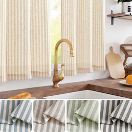 jinchan Kitchen Curtains and Valances Set Striped Tier Curtains Ticking Stripe Linen Curtains Pinstripe Cafe Curtains 24 Inch Living Room Bathroom Farmhouse 3 Pieces Set Rod Pocket Beige