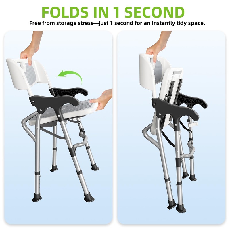 3-in-1 Shower Chair for Seniors, Foldable Bedside Commode, Height Adjustable
