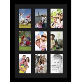 ArtToFrames Collage Photo Frame Single Mat with 9-4x6 Openings with Satin Black Frame and Black mat.