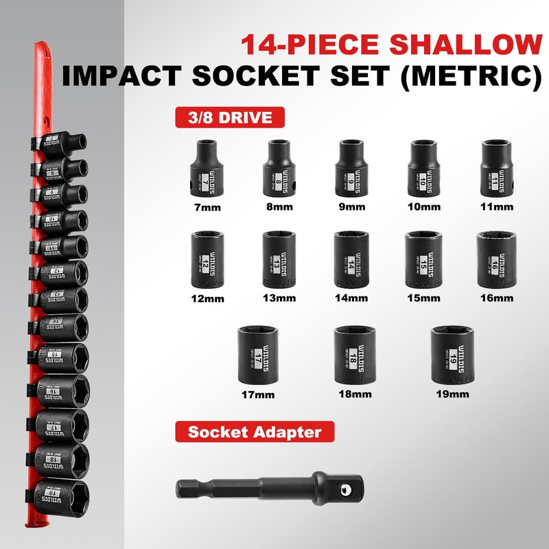 WIILDIS 14 Pieces 3/8"Drive Magnetic Socket Set, Shallow, 6-Point, Metric,