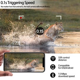 Wildlife Camera - 30MP 1296P WiFi Bluetooth Trail Camera, Game Camera with Night Vision Motion Activated Waterproof, IP66 Waterproof 120° View Angle for Outdoor Wildlife Monitoring