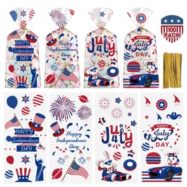 Litmitfu 100 Pcs 4th of July Treat Bags - Happy Patriotic Day Plastic Cellophane Bag, Clear Fourth of July Gift Goodie Candy Favor Bags with Gold Twist Ties for Independence Day Party Favors Supplies