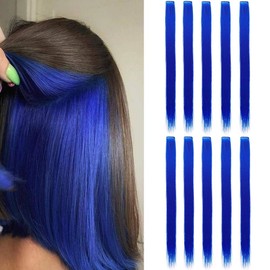 20 Inch Colored Clip in Hair Extensions 10pcs Straight Hair Synthetic Hairpieces for Party Highlight Blue