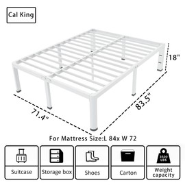 ROIL 18 Inch White California King Bed Frame with Rounded Corner and Headboard Hole Mattress Retainers 3500LBS Heavy Duty Steel Slats No Box Spring Needed Platform Noise-Free Easy Assembly