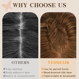 TESSHAIR Human Hair Topper for Women No Bangs 100% Remy Hair Toppers for Women 12 Inch Human Hair Toppers for Thin Hair 150% Debsity Toppers Hair Pieces for Women Medium Brown