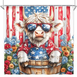 4th of July Highland Cow Shower Curtain Patriotic Rustic Bull American Flag Independence Day Blue Red Star Floral Farmhouse Animal Holiday Fabric Bathroom Decor Curtain Sets with Hooks 70" WX70" H