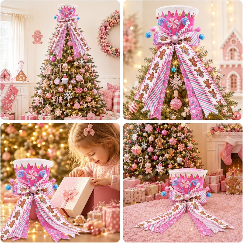 Pink Christmas Tree Topper Hat, Candy Gingerbread Tree Top Decoration