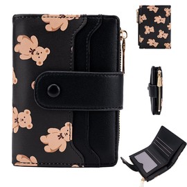 YUEcthynous Women's Short Purse in Small Zip Design Format Bear Embossing Zip Wallet with RFID Blocking and Many Compartments, Fashionable and Practical, black, Contemporary