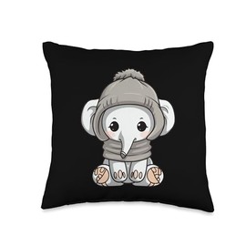 Cozy Winter Comic Mood Cute Elephant Winter Comic Kawaii Animal Cozy Throw Pillow, 16x16, Multicolor