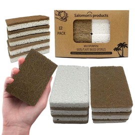 12 Pack Natural Kitchen Sponges - Biodegradable, Compostable, Sustainable Wood Cellulose & Coconut Fiber Sponge for Dishes, Quick Drying & Non Scratch Plant Based Eco Friendly Scrubber for Dishwashing