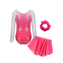 Girls Gymnastics Leotards Kid Athletic Outfits Long Sleeve Dance Tumbling Outfit Matching Skirt Hair Scrunchie Set Pink 7-8 Years