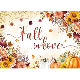 Fall in Love Backdrop Autumn Watercolor Sunflower Floral Pumpkin Bridal Shower Photography Background Fall Wedding Engagement Anniversary Party Decorations Banner Photo Props (7x5FT)