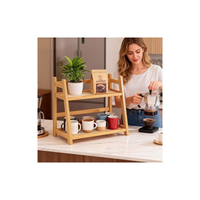 Cup Rack 2-Tier Bamboo with Rattan Look, Space-Saving Cup Holder,