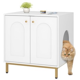Hzuaneri Cat Litter Box Enclosure, Hidden Litter Box Furniture Cabinet, Wooden Indoor Cat House, Side End Table, Living Room, Bedroom, White and Gold CB81203G