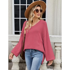 ZAFUL Womens Oversized Sweater 2025 Fall Winter Trendy V Neck Slouchy Long Sleeve Pullover Casual Cute Chunky Knit Tunic Top Fashion Side Slit Sweatshirt Outfits Rose Red M