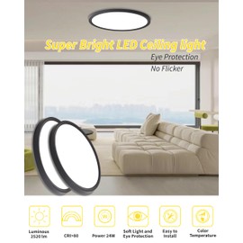 Flush Mount Led Ceiling Light,Round 12 Inch 24w 2520lm led Light 3000k,4000k,6000k CCT Selectable,Flat Panel Super Slim Led Ceiling Light Fixture,for Living Dining Kitchen Bedroom Room (12Pack-Black)