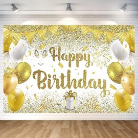 Gold Birthday Paty Backdrop Gold Happy Birthday Banner Gold Photography Background for Home Decorations Party Supplies