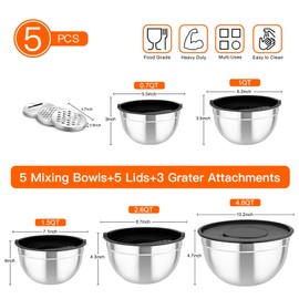 TeamFar Mixing Bowls with Airtight Lids, 5PCS Stainless Steel Metal Salad Bowl with 3 Grater Attachments, for Cooking, Prepping, Serving, Healthy & Easy Clean - 0.7/1/1.5/2.6/4.6QT, Black