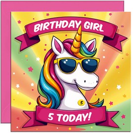 5th Birthday Cards for Girls - Cool Unicorn Kids Girls Birthday Card for 5 Year old Kids five, fifth