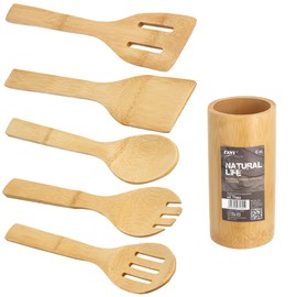 RAVI Kitchen Utensils, Bamboo Wood Kitchen Utensils Set, Five Spoon Spatulas, Cookware, Utensils with Wooden Stand, Kitchen Accessories for Pancakes, Scrambled Eggs