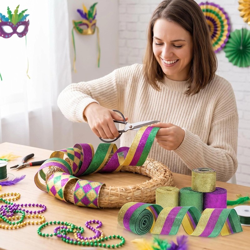6 Rolls Mardi Gras Ribbon, 2 Inch x 5 Yards,