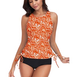WOWENY - Tankini de cuello alto, solo para mujer, con control de barriga, camisetas de natación UPF 50+, parte superior sin parte inferior, Patrón naranja, Small