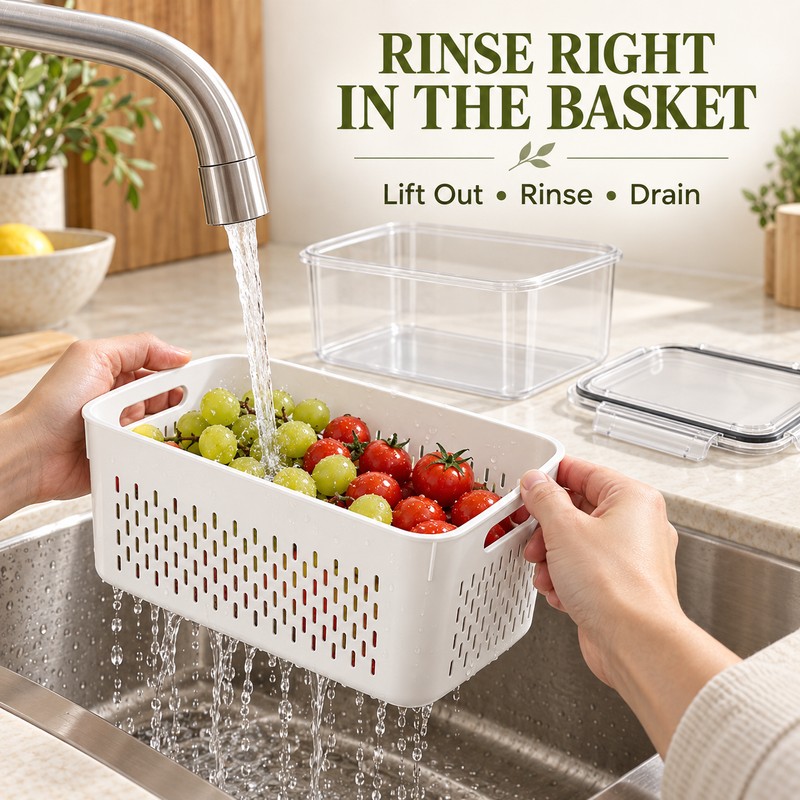 Produce Storage Containers for Fridge with Removable Colanders & Locking