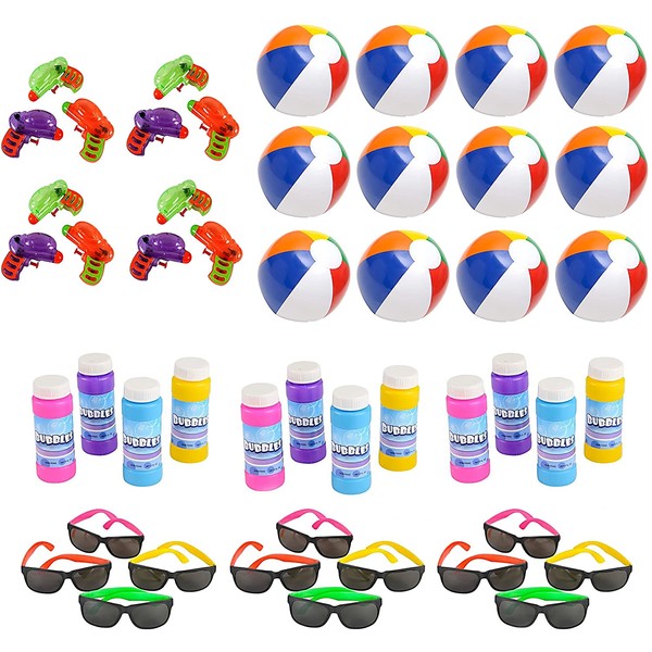 Mega Pool Party and Beach Party Favors - Summer Fun Toy Mega Assortment Bulk Pack of 48 Kids Toys Includes - Kids Sunglasses Party Favors, Inflatable Beach Balls, Water Gun Squirts and Bubbles