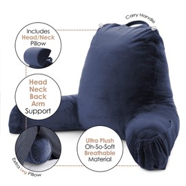 Clara Clark Reading Pillow with Shredded Memory Foam Includes 2 Neck and Lumber Support Pillows, Designed for Sitting Up in Bed and Couch, Back and Arms Adjustable Support for Adults & Teens Navy Blue
