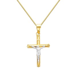 The World Jewelry Center 14k REAL Two Tone Gold Jesus Cross Religious Pendant with 0.65mm Box Link Chain Necklace - 22"