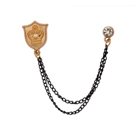 Knighthood Brooch Pin Golden Shield with Crown Engraving and Black Hanging Crystal Chain Brooch Suit Stud Lapel Pin