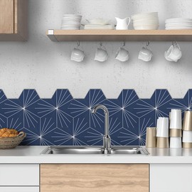 AULIGET Flower Vintage Hexagon Tile Peel and Stick Backsplash, 6"x7" Self Adhesive Wall Tiles in Blue (Pack of 45)