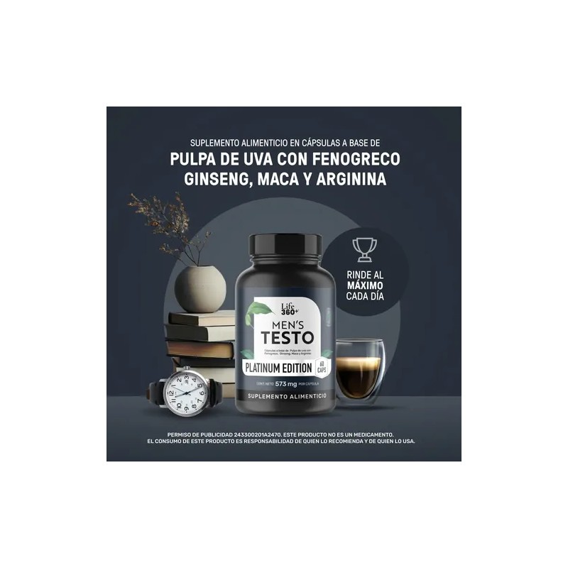 Testo Platinum Life 360+ 60 Cápsulas Fenogreco Ginseng Maca