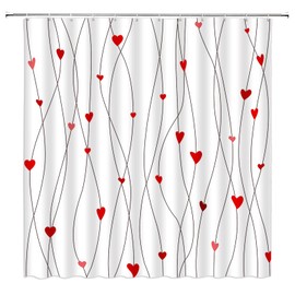 Valentine's Day Shower Curtain Red Heart Geometric Striped Modern Women Bathroom Home Curtain with Hooks,70" Wx70 H