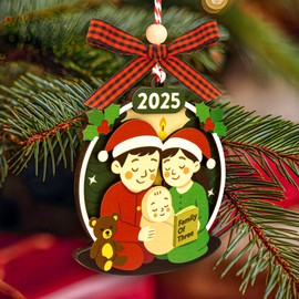 Woodamore Family of 3 Christmas Ornaments 2025 - Our First Christmas As A Family of Three Ornament 2025, Unique Baby 1st Xmas Ornaments, New Parents Gifts for Mom Dad Xmas Tree Decorations