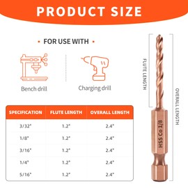 M35 Cobalt Stubby Drill Bit Set for Metal & Stainless Steel, SAE Sizes 3/32"-1/8"-3/16"-1/4"-5/16", 5-Piece Carbide Drill Bits with 1/4" Hex Shank for Quick Chucks & Impact Drivers