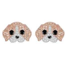 Beagle Pup Dog Stud Earrings with Crystals, Rose Gold and Silver Tone - Party, Birthday, or Christmas Gift, .7 inch, Metal Crystal, Cubic Zirconia