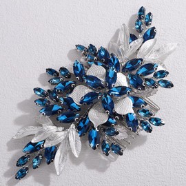 Lenjicons Vintage Flower Leaf Peacock Blue Rhinestone Hair Comb Silver Flower Leaf Wedding Headpiece Rhinestone Wedding Hair Comb Teardrop Crystal Bridal Headpiece for Women (peacock blue(silver))