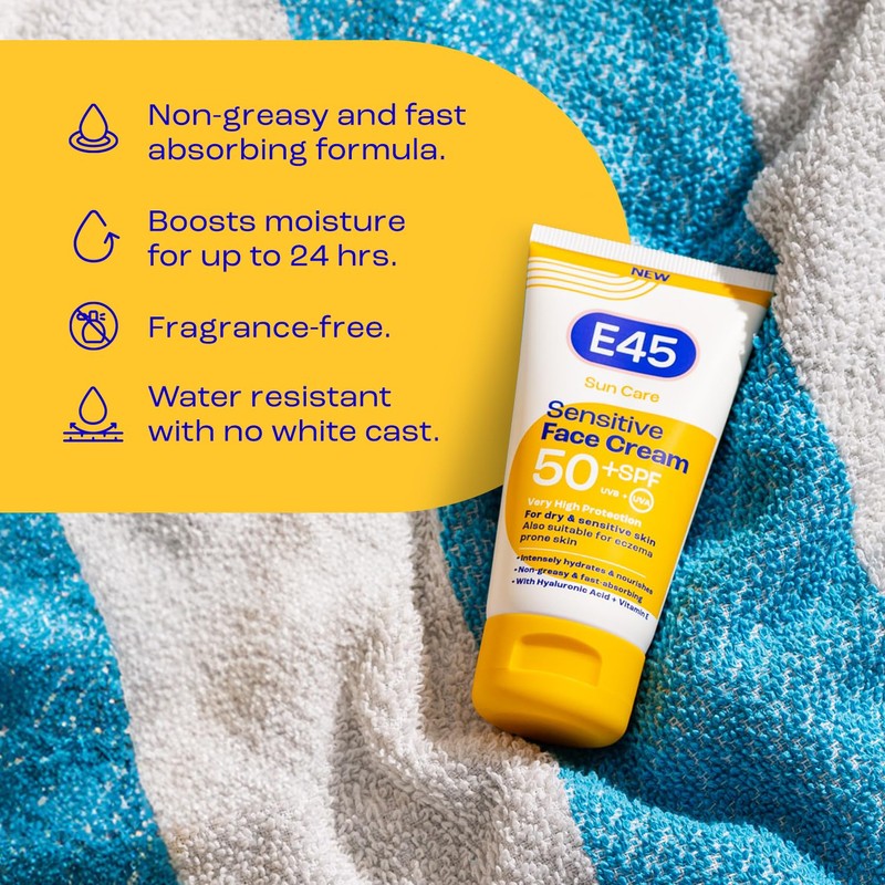 E45 SPF50+ Sensitive Sun Cream for Face with Hyaluronic Acid