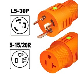 NAT Heavy Duty 30 amp Plug 30 amp 110 Adapter Twist Lock Adapter, 100% Copper Wire, 30A to 15A Adapter, L5-30P to 5-15R/5-20R, LED Indicator, 2500W, 10AWGX3C for Yacht Navigator