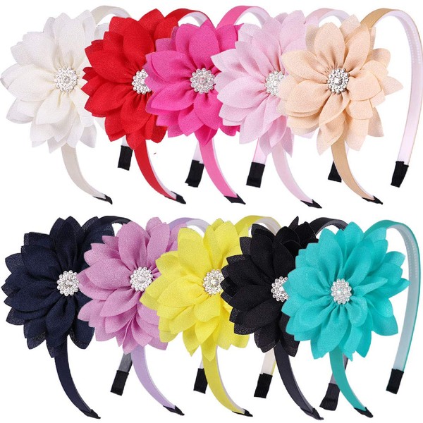10 Pcs Headbands For Baby Girls, Toddler Headbands Grosgrain Ribbon Floral Layers Rhinestone Cute Hairbow-Flower Headband