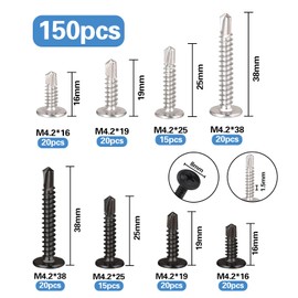 Self Tapping Screws, 150Pcs Carbon Steel Self Drilling Screws for Metal Galvanized Steel Phillips Flat Head Self-Tapping Screw for Sheet Metal Steel Aluminum Wood(M4.2 x 16,19,25,38 mm/Black & Silver)