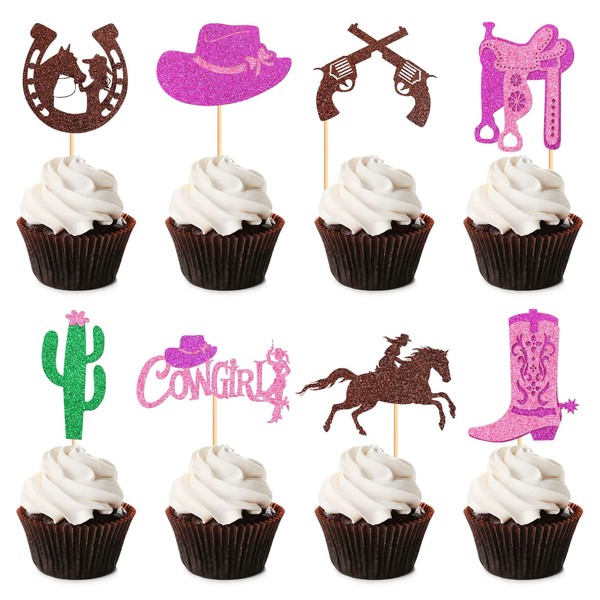 Keaziu - Paquete de 24 adornos para cupcakes de vaquera, para montar a caballo, sombreros de vaquero, temática occidental, feliz cumpleaños, baby shower, fiesta, decoración de pasteles, color morado